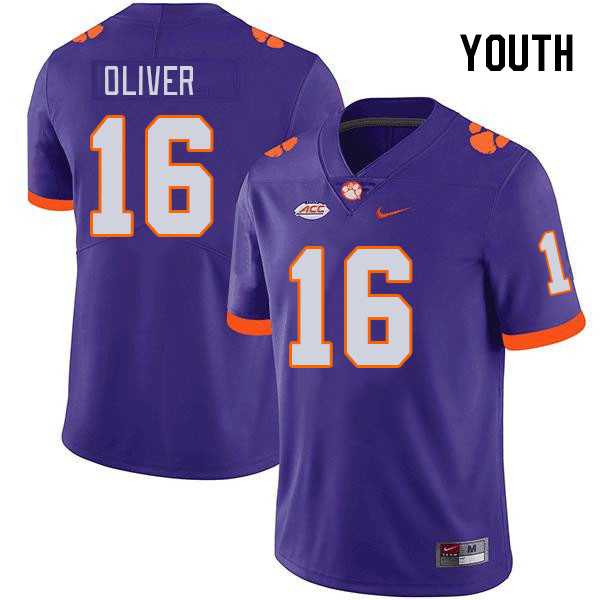 Youth Clemson Tigers Myles Oliver #16 College Purple NCAA Authentic Football Stitched Jersey 23PR30IW